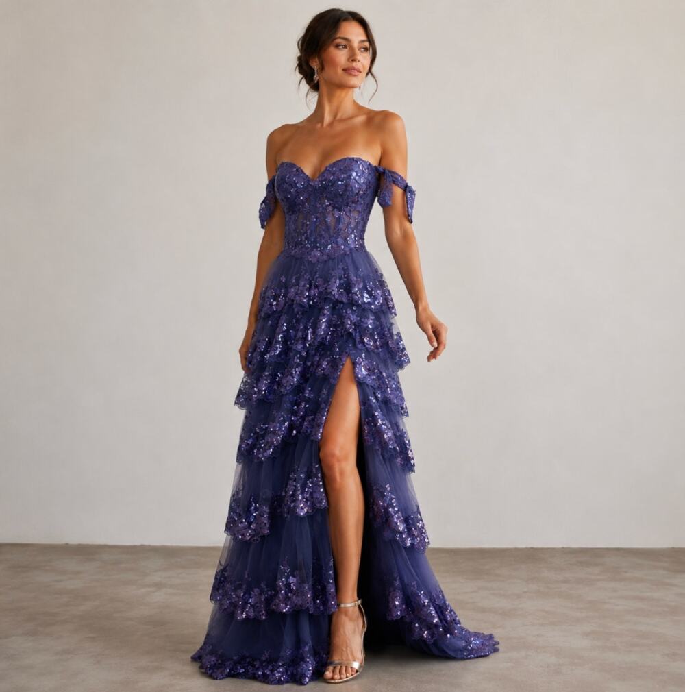 Stacees Tiered Purple Sequin Maxi Dress Gown Prom Homecoming Purple